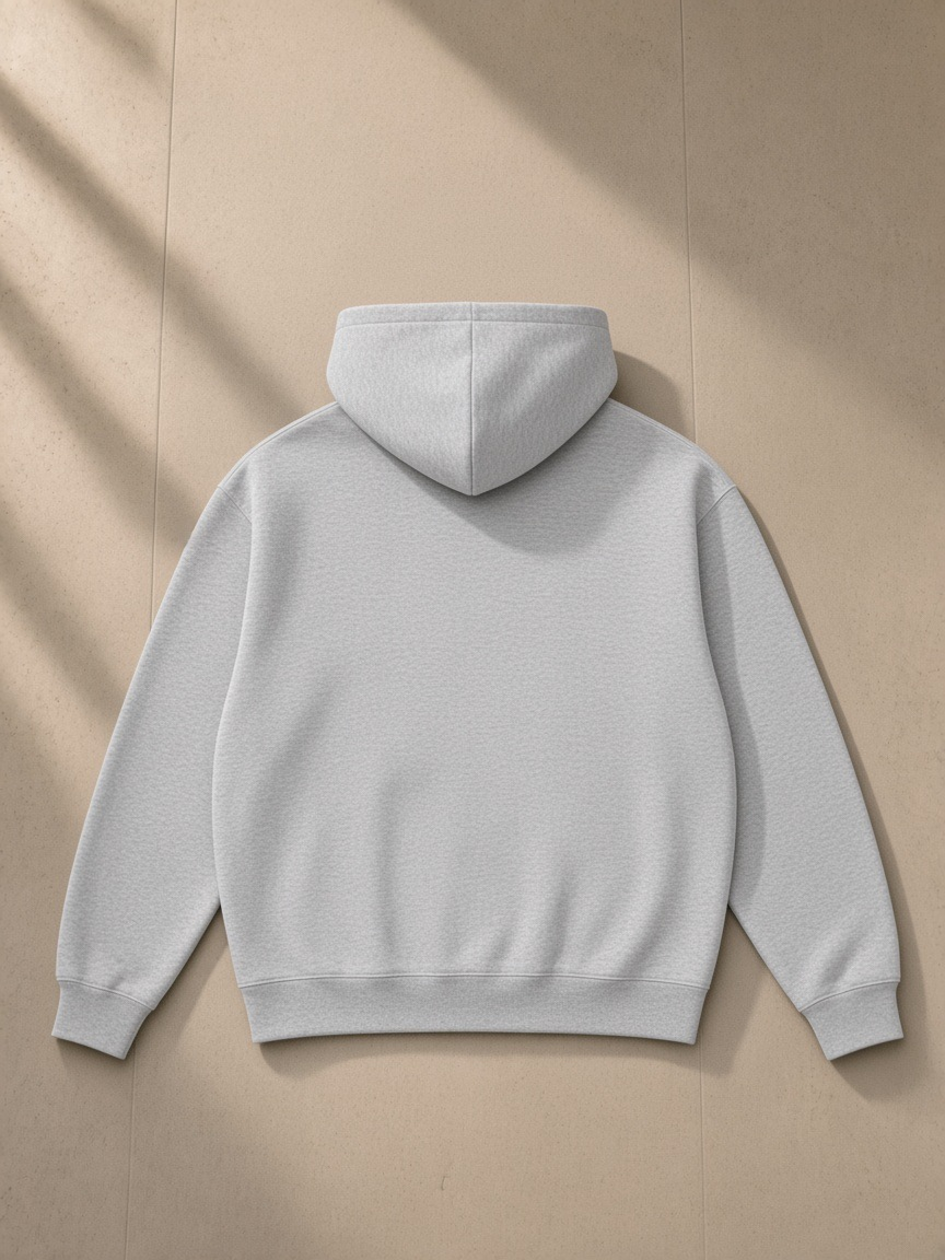 Streetwear Fleece Hoodie in Flower Gray, laid flat on pale limestone, back view