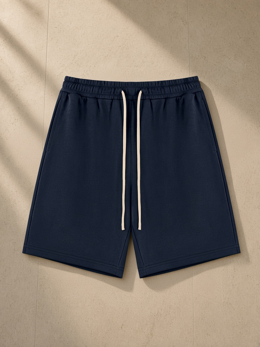 Drawstring shorts in Navy Blue, laid flat on pale limestone