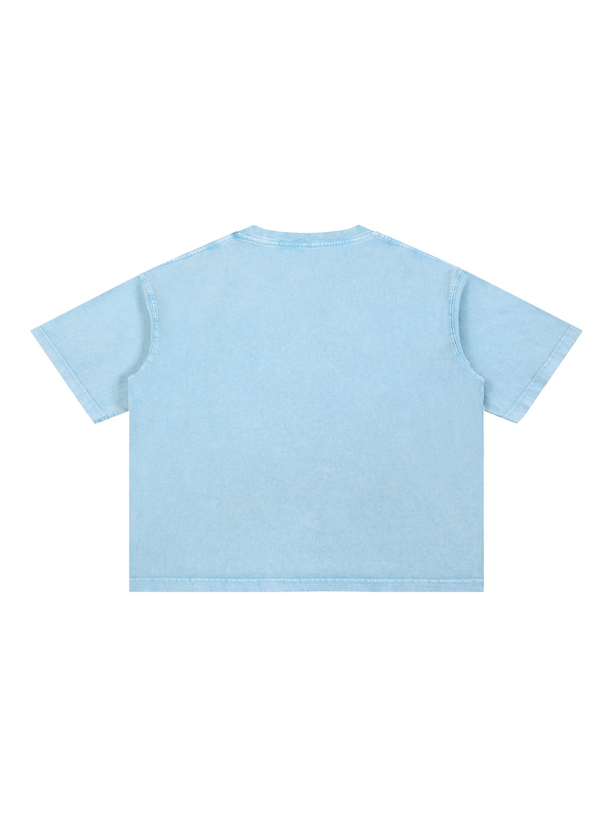 Unisex mineral wash boxy cotton t-shirt in Sky Blue, back view on white. Marcel Afters