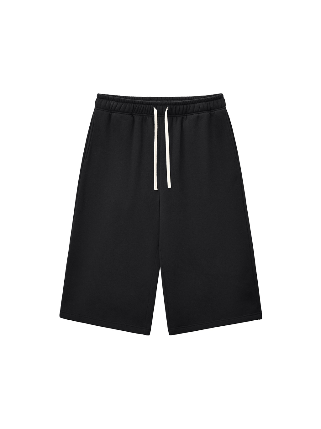 Unisex relaxed drawstring three-quarter sweatpants in Black, front view on white. Marcel Afters