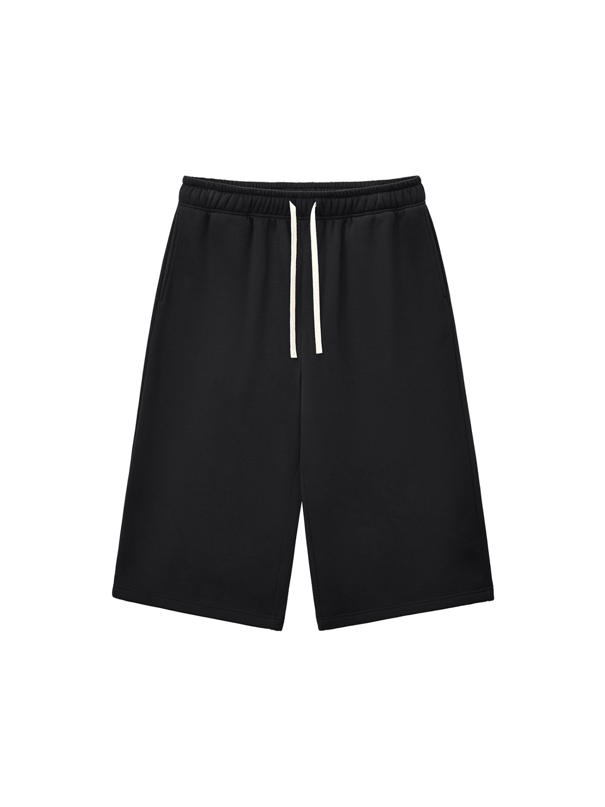 Unisex relaxed drawstring three-quarter sweatpants in Black, front view on white. Marcel Afters