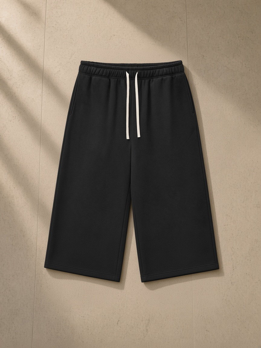Unisex relaxed drawstring three-quarter sweatpants in Black, laid flat on pale limestone