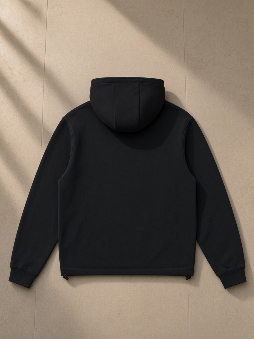 Unisex paneled full zip hoodie in Black, laid flat on pale limestone, back view