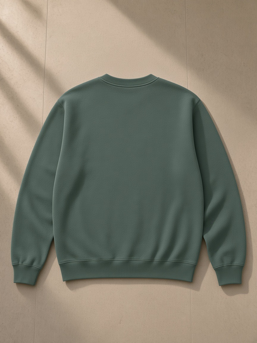 Unisex heavyweight crewneck sweatshirt in Dark Green, laid flat on pale limestone, back view