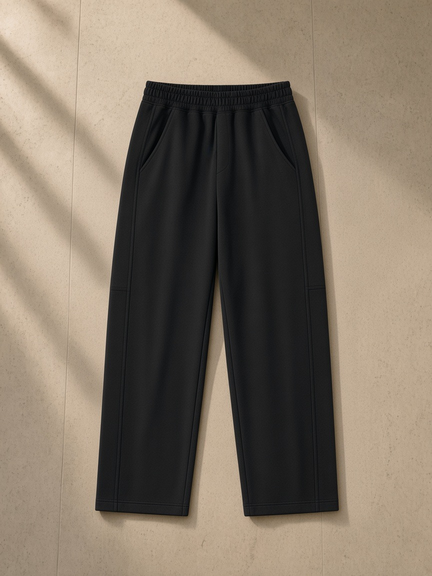 Tapered straight hem sweatpants in Black over a leather lounge chair in a Hong Kong penthouse at night