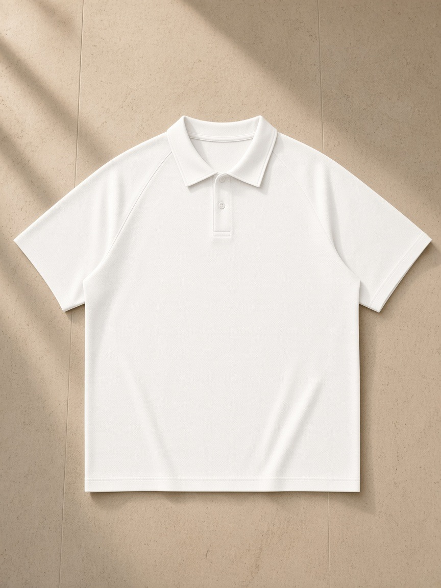 Classic Knit Polo in White, laid flat on pale limestone