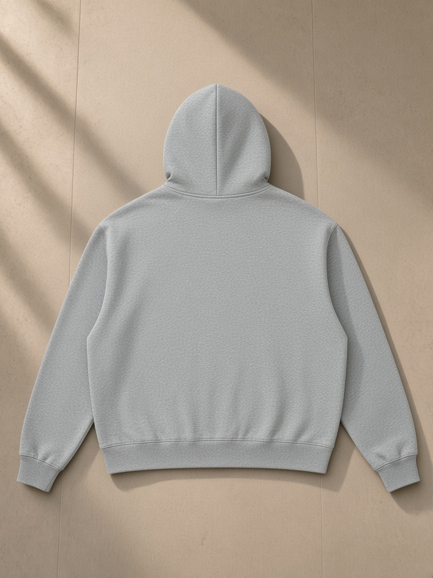 Drop Shoulder Hoodie in Flower Gray, laid flat on pale limestone, back view