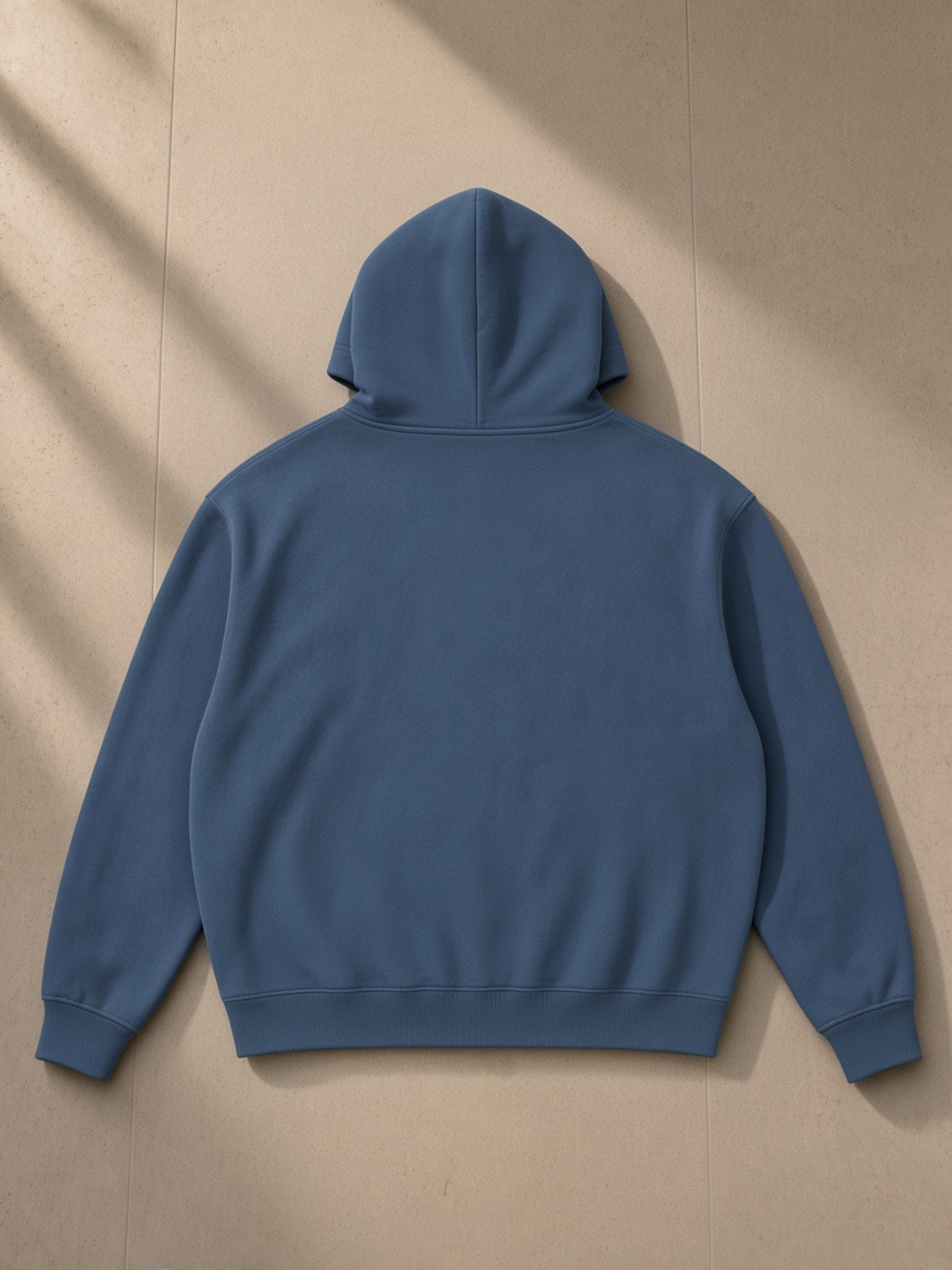 Oversized boxy fit fleece hoodie in Haze Blue, laid flat on pale limestone, back view