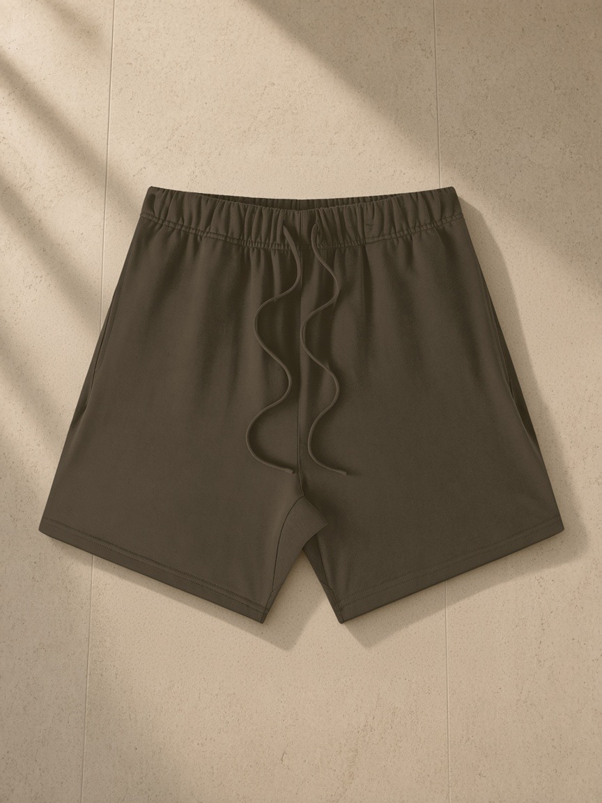 Earth Tone Loose Fit Cotton Shorts in Brown, laid flat on pale limestone