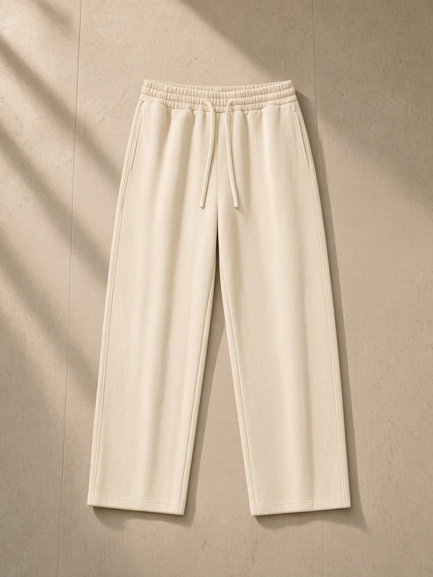 Wide Leg Drawstring Pants in Mild Apricot, laid flat on pale limestone