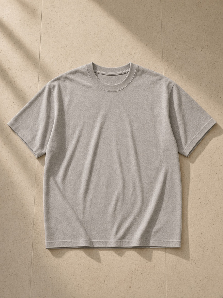 Unisex pure cotton t-shirt in Light Gray, laid flat on pale limestone
