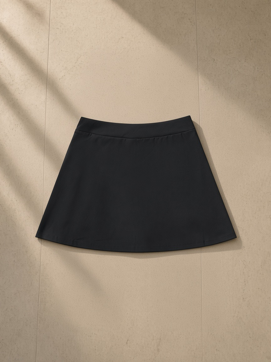High-Waist Pocketed A-Line Skirt in Black, laid flat on pale limestone, back view