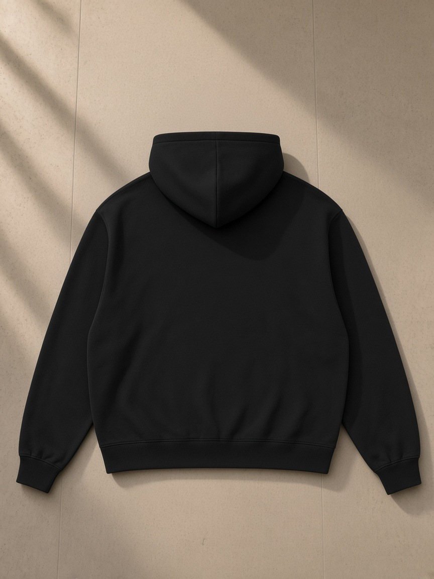 Drop Shoulder Hoodie in Black, laid flat on pale limestone, back view