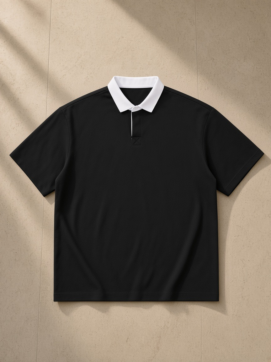 Essential Contrast Polo Shirt in Black, laid flat on pale limestone