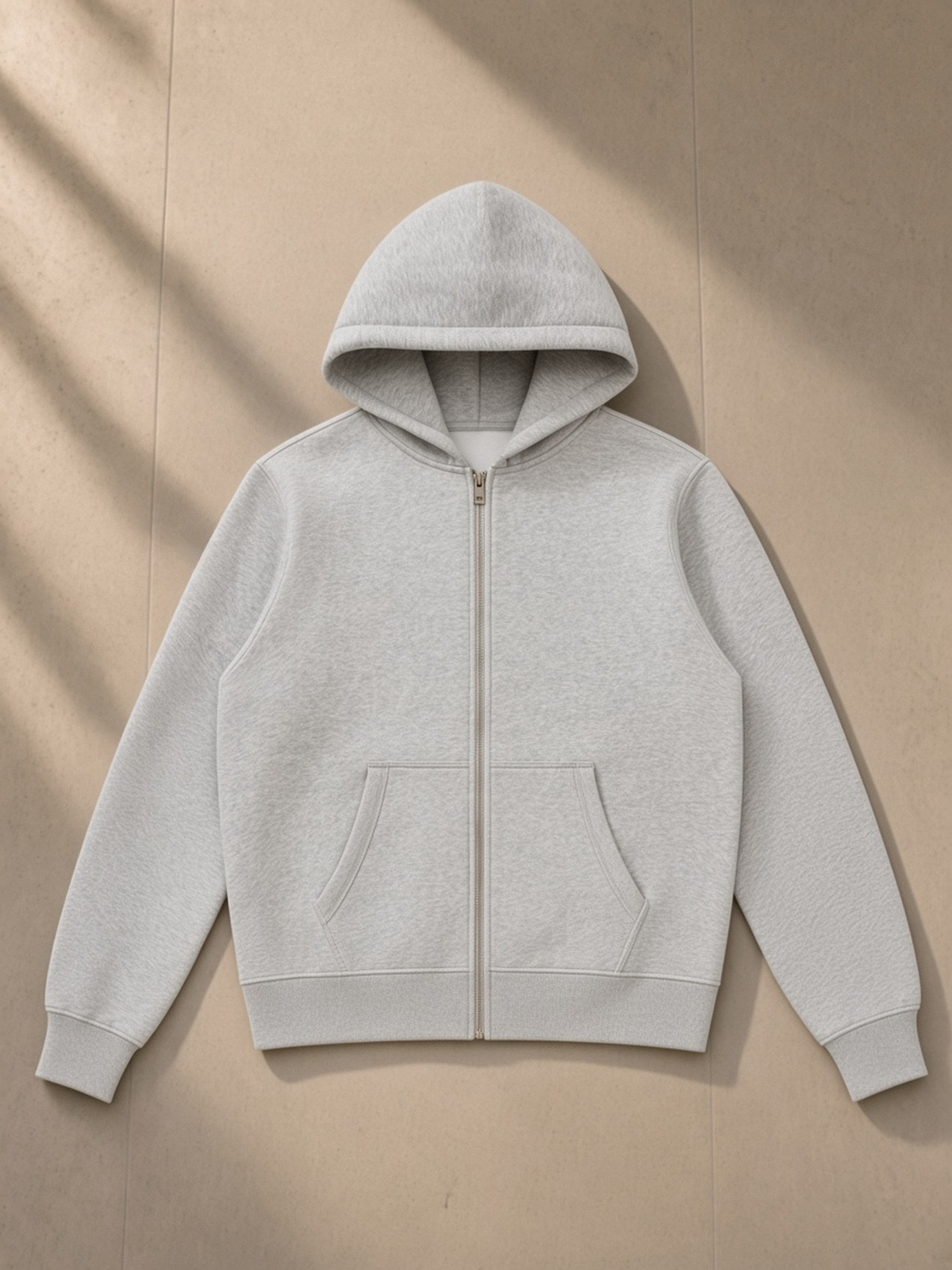 Fleece Full Zip Hoodie in Flower Gray, laid flat on pale limestone, front.