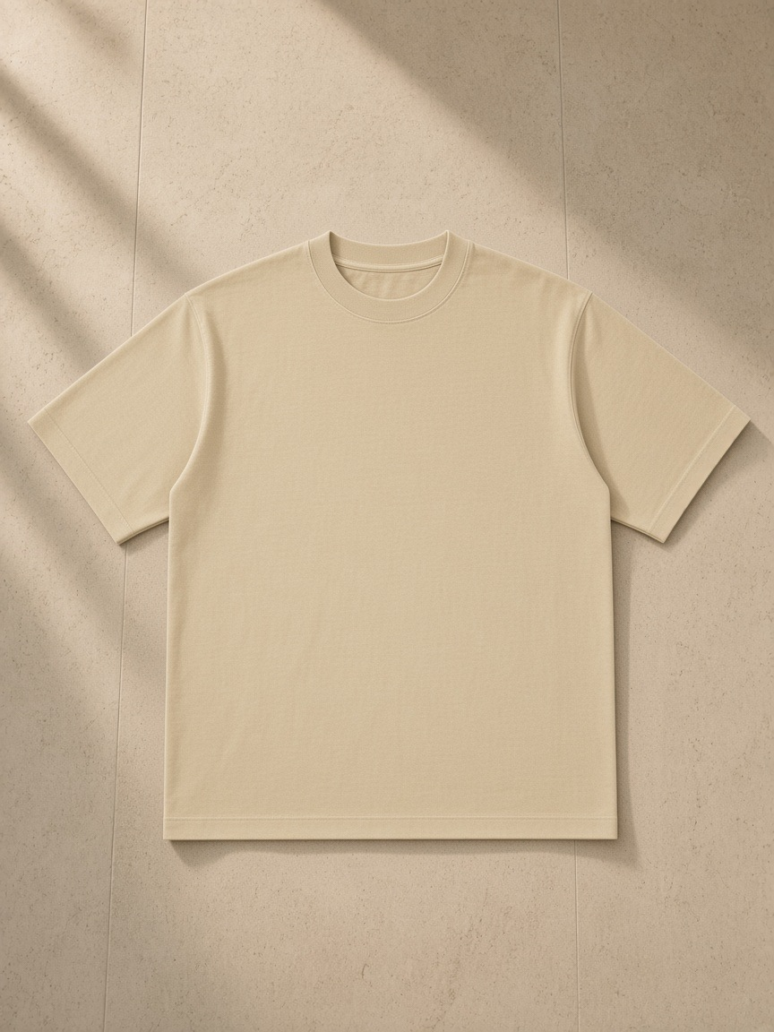 Unisex vintage wash drop shoulder t-shirt in Khaki, laid flat on pale limestone