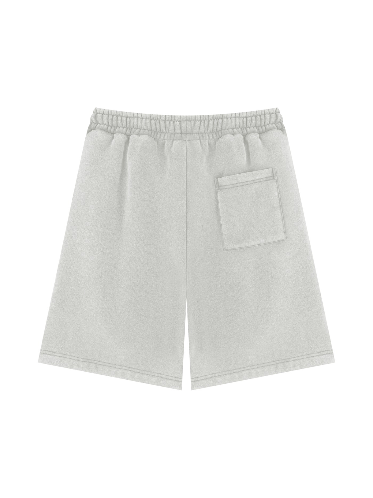 Unisex vintage wash fleece shorts in Light Gray, back view on white. Marcel Afters