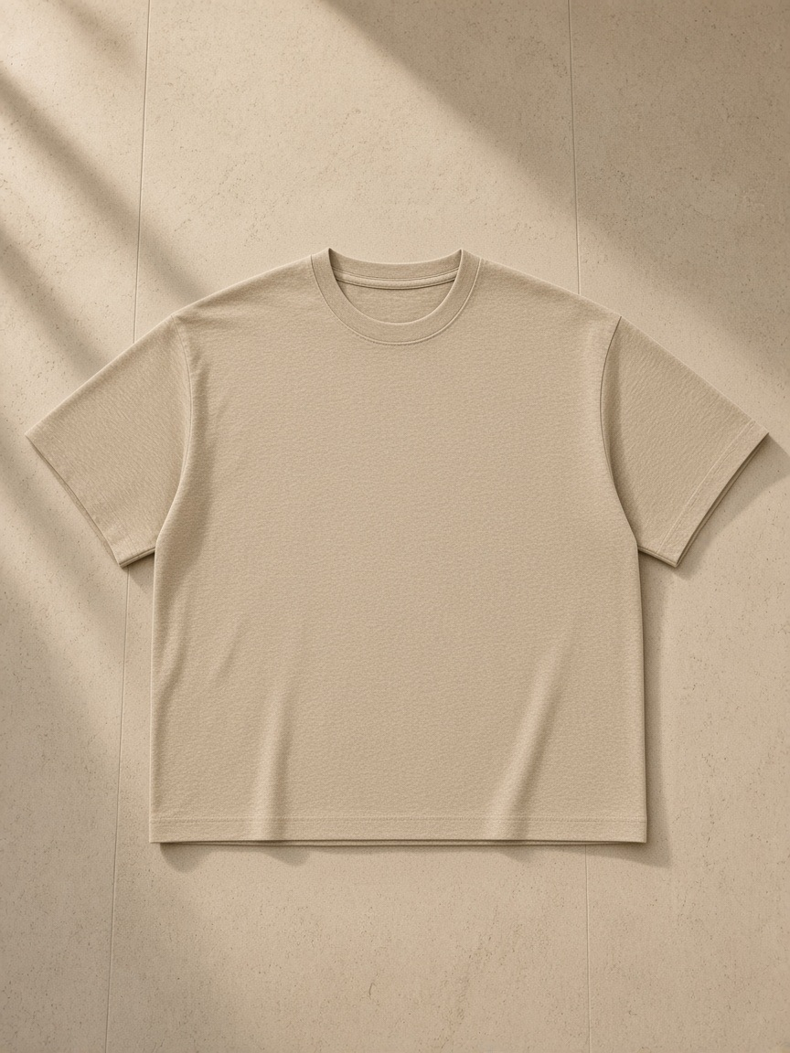 Unisex cotton boxy t-shirt in Khaki, front view on white. Marcel Afters