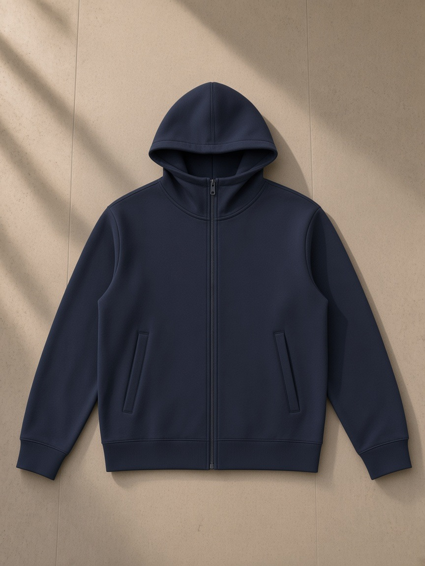 Women's Essential Heavyweight High Neck Zip-Up Hoodie in Navy Blue, laid flat on pale limestone