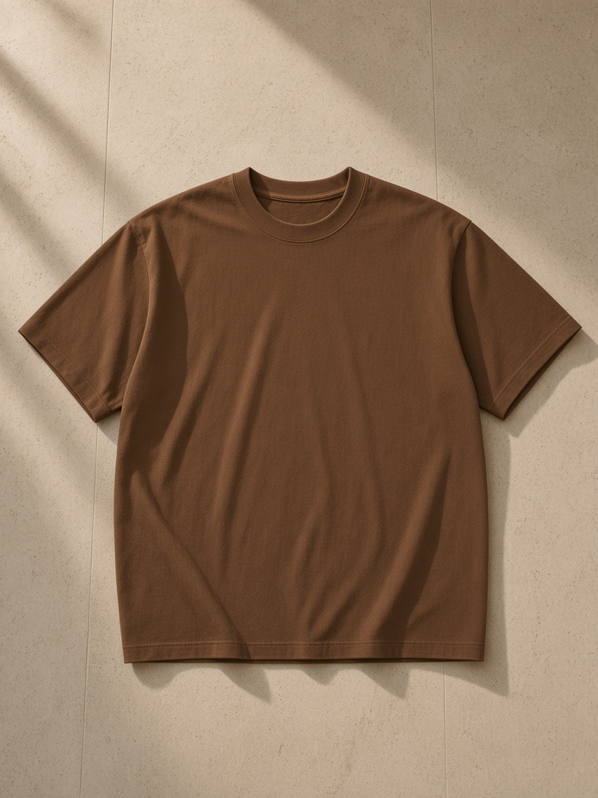 Unisex vintage wash distressed t-shirt in Coffee, laid flat on pale limestone