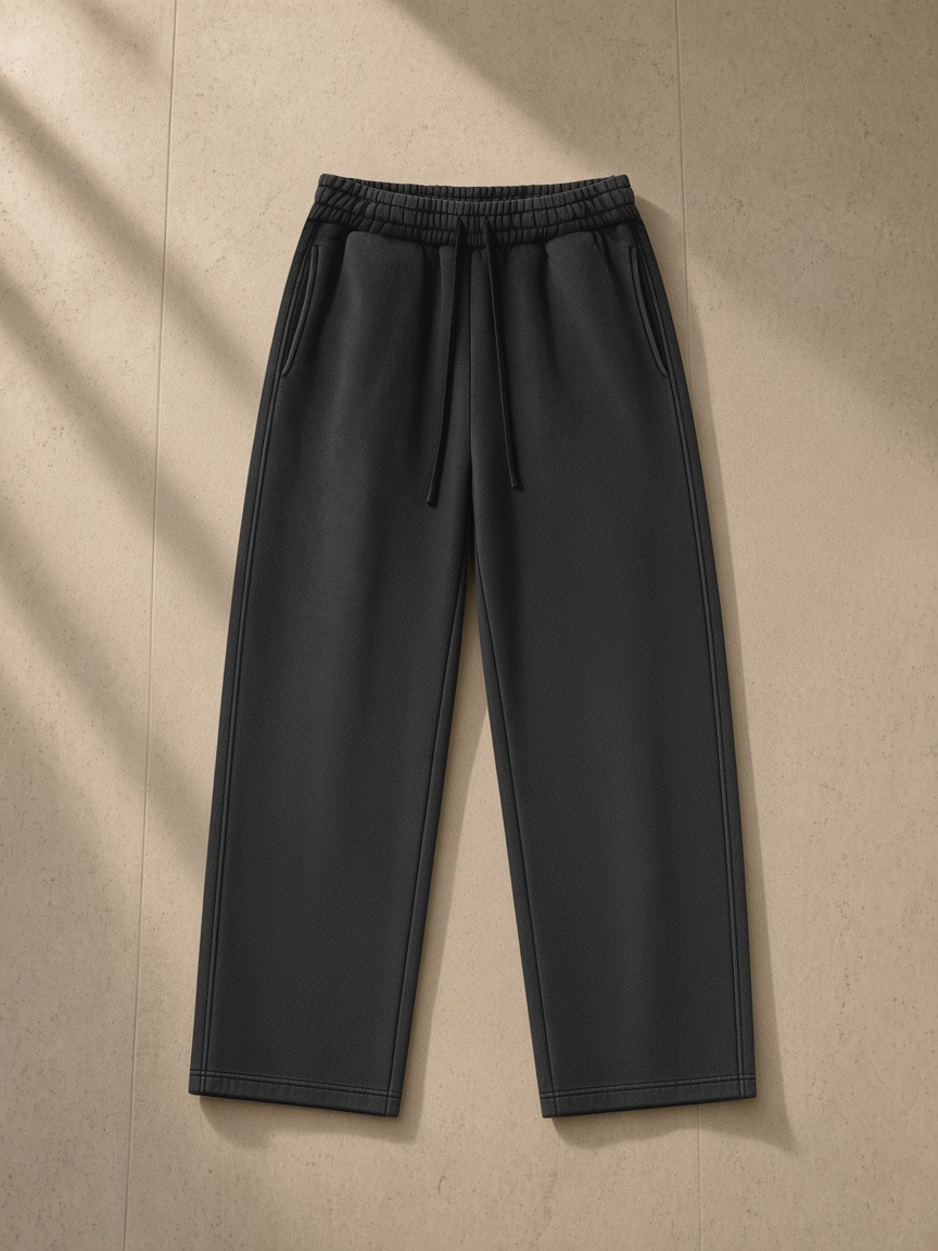 Vintage wash barrel leg fleece sweatpants in Black, laid flat on pale limestone