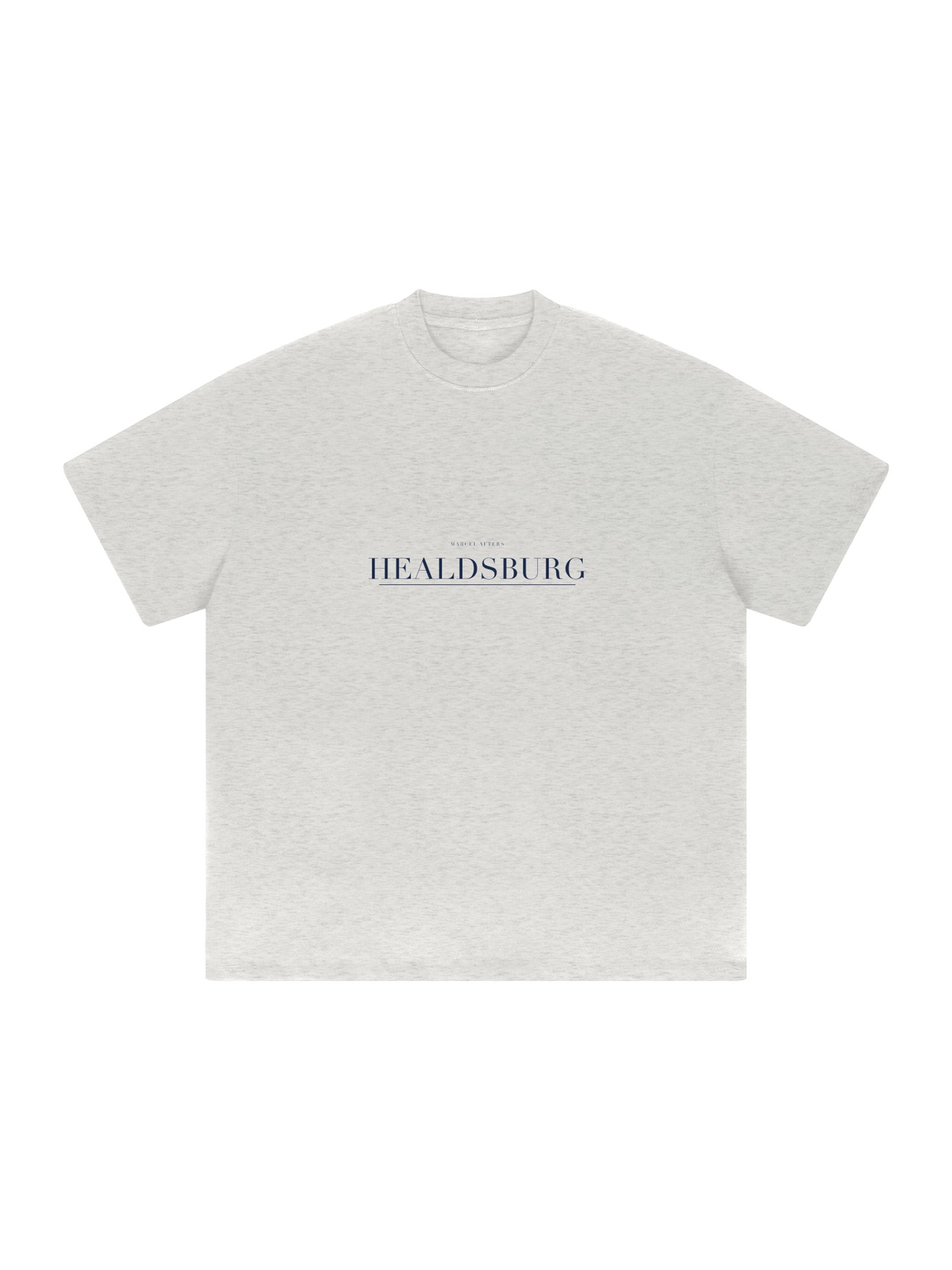 Healdsburg Heavyweight Drop Shoulder T-Shirt by Marcel Afters in Oat Gray, front view with the printed artwork, on white