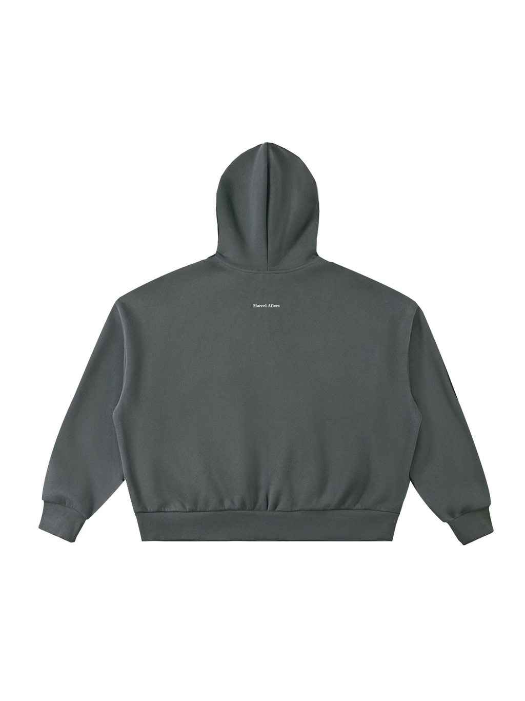 Men's fleeced full-zip boxy hoodie in Charcoal Gray, back view on white. Marcel Afters