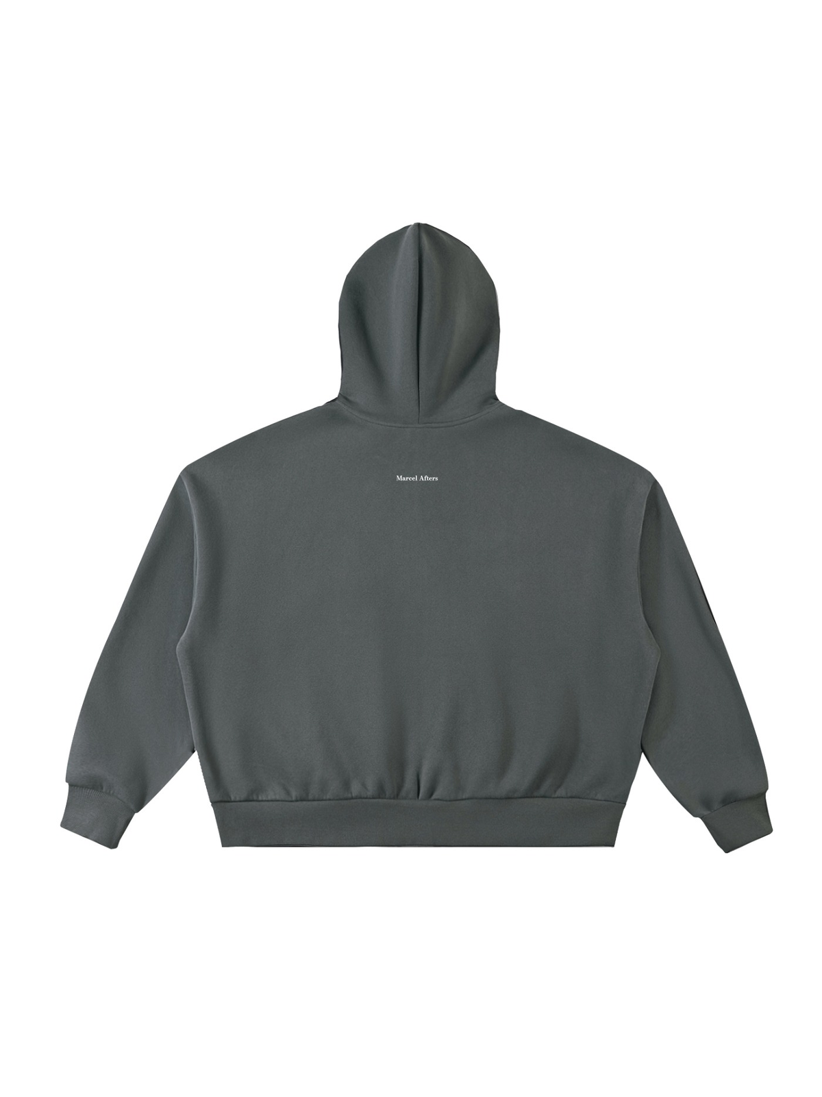 Men's fleeced full-zip boxy hoodie in Charcoal Gray, back view on white. Marcel Afters