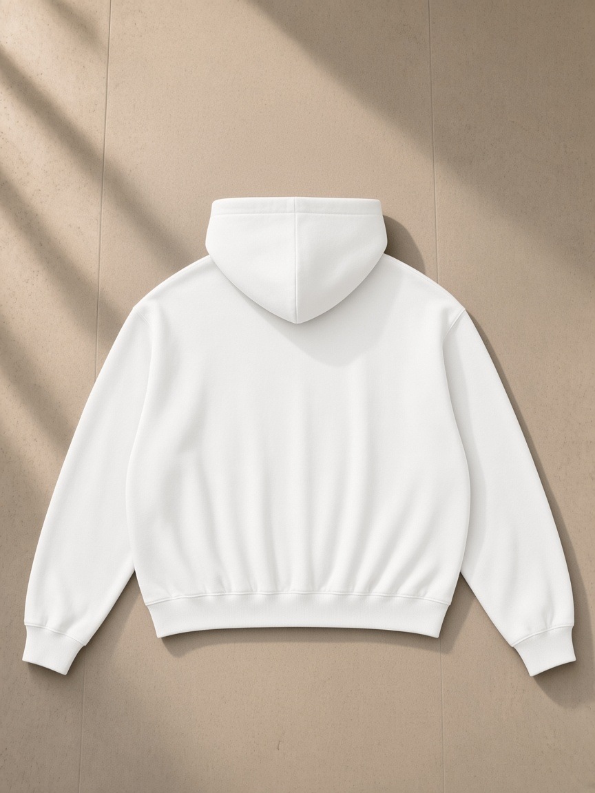 Oversized Drop Shoulder Hoodie in White, laid flat on pale limestone, back view
