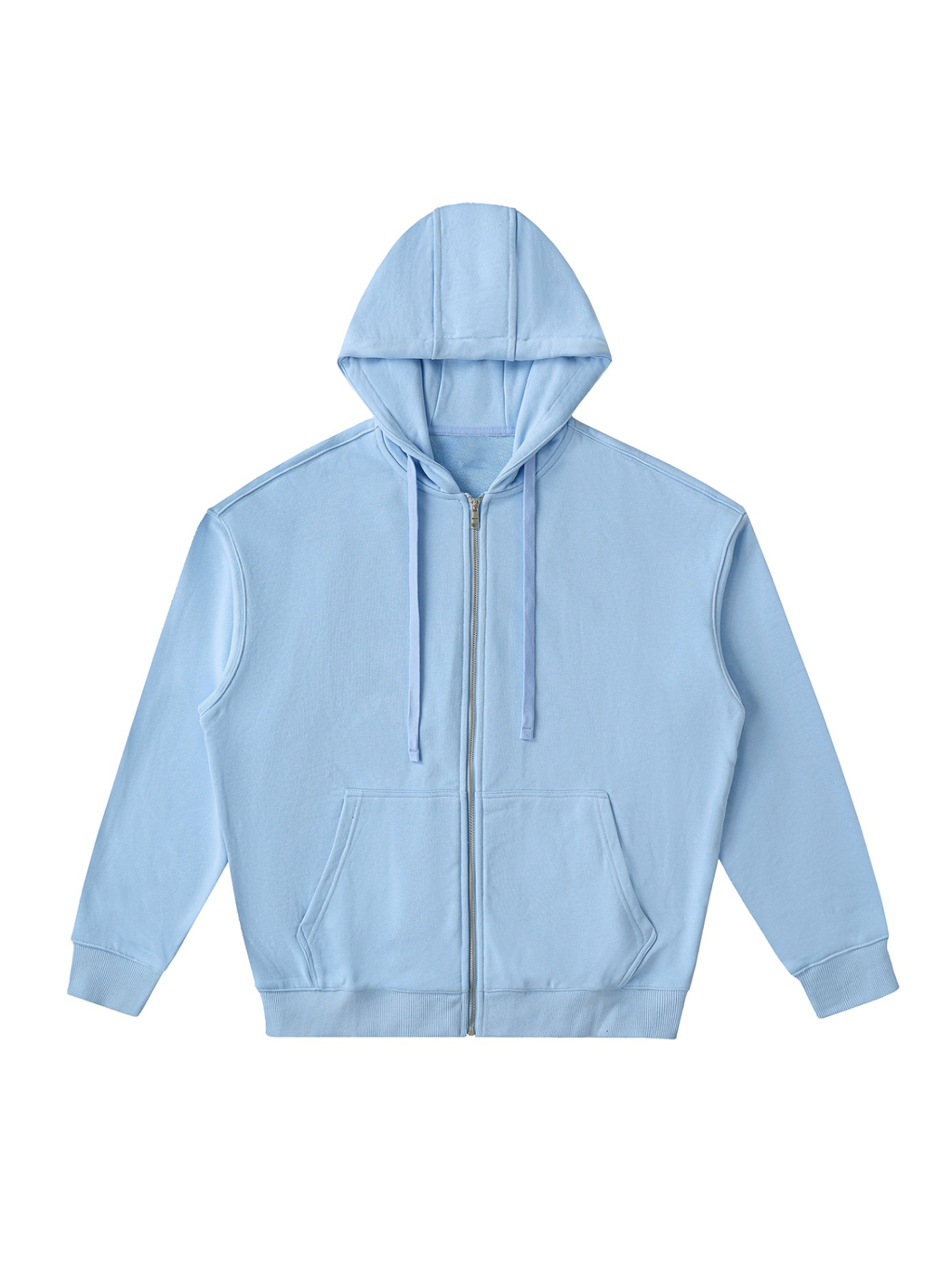 Unisex drop-shoulder zip up hoodie in Sky Blue, front view on white. Marcel Afters