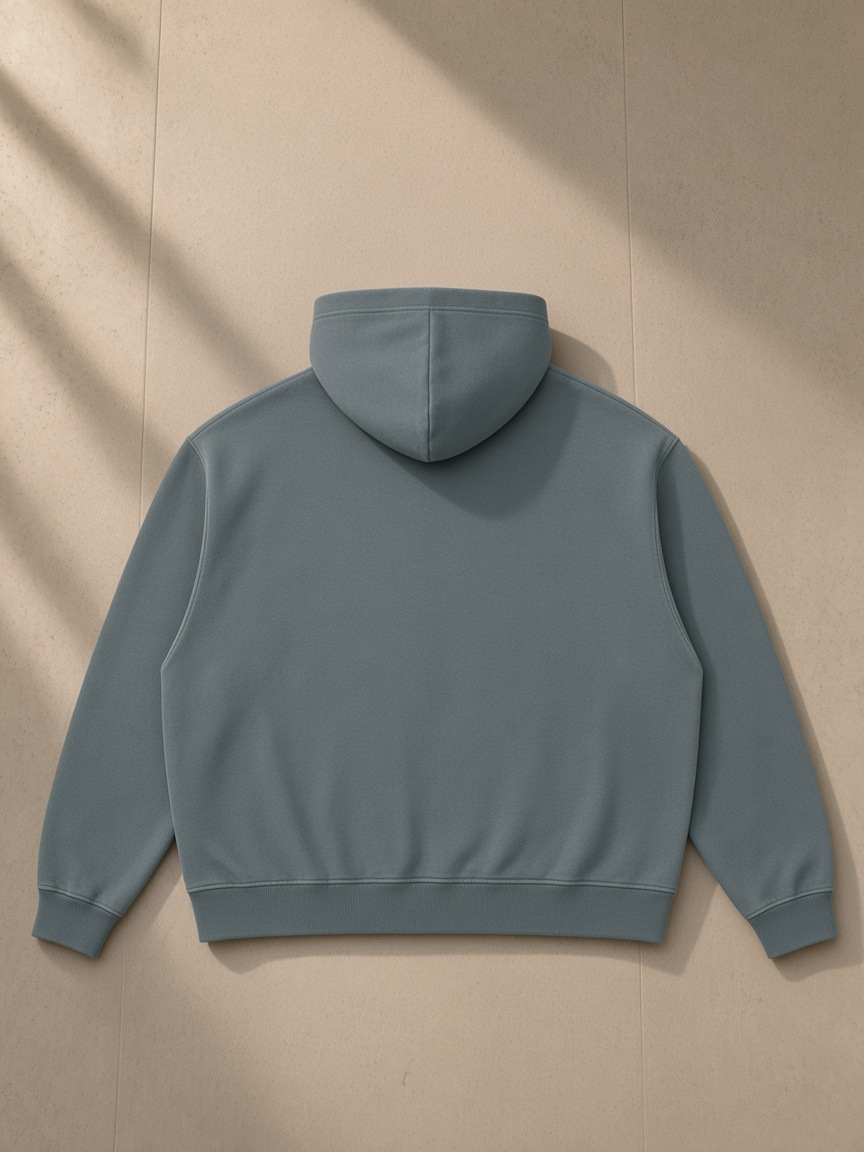 Heavyweight Vintage Wash Boxy Hoodie in Gray Blue, laid flat on pale limestone, back view