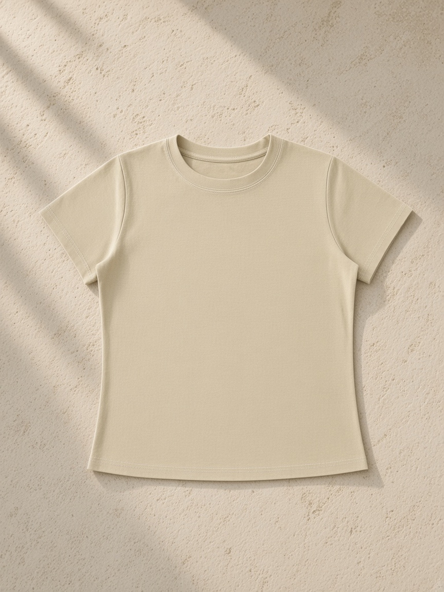 Vintage Wash Slim Fit T-shirt in Khaki, laid flat on pale limestone, front.