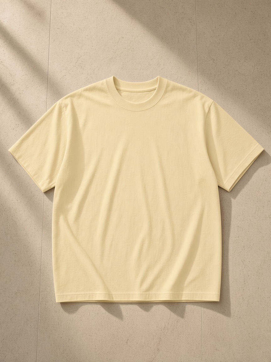 Unisex vintage wash distressed t-shirt in Khaki, laid flat on pale limestone