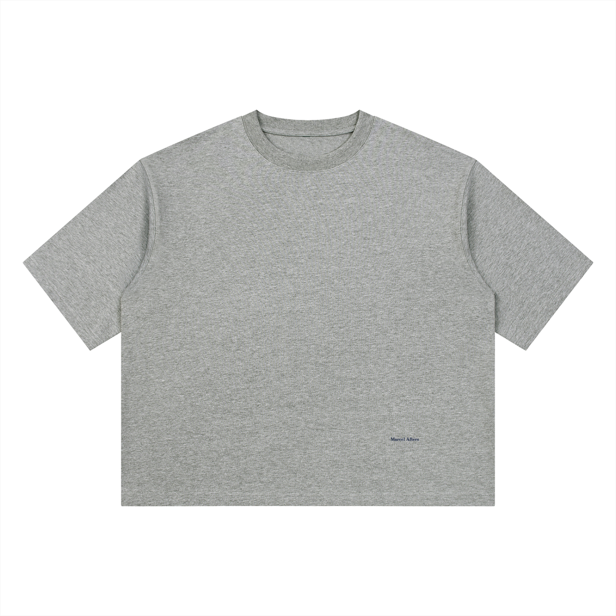 Women's Heavyweight Boxy T-Shirt in Flower Gray, front view, small Marcel Afters wordmark at the lower left front.