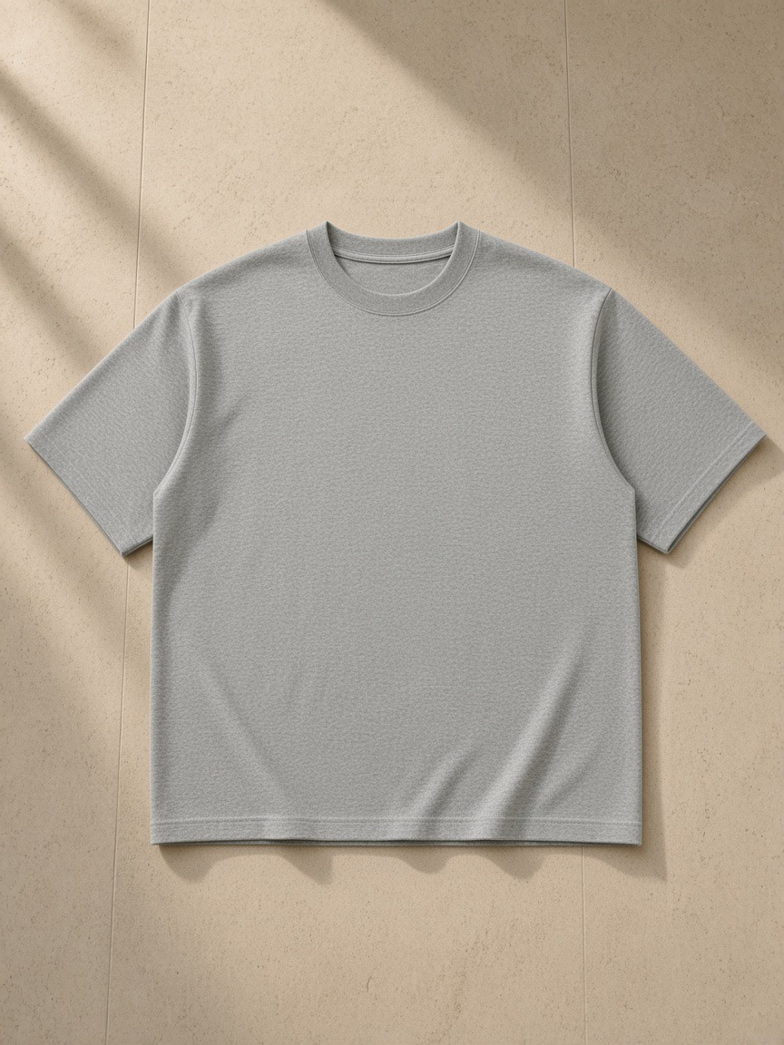 Women's Heavyweight Boxy T-Shirt in Flower Gray, laid flat on pale limestone