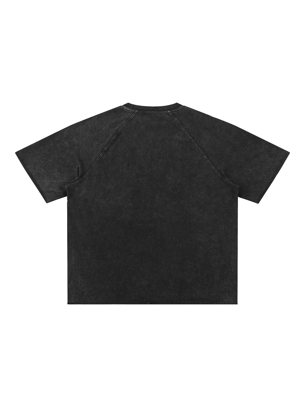 Unisex mineral wash raw edge t-shirt in Black, back view on white. Marcel Afters