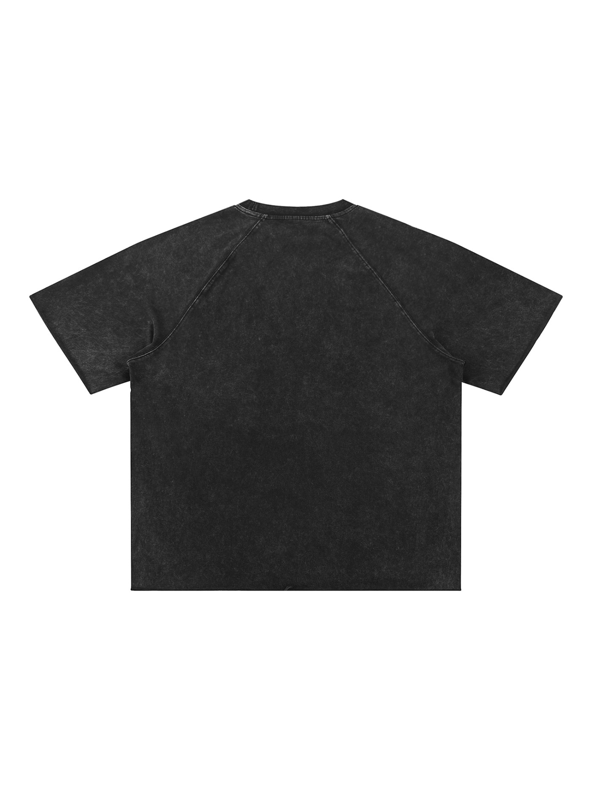 Unisex mineral wash raw edge t-shirt in Black, back view on white. Marcel Afters