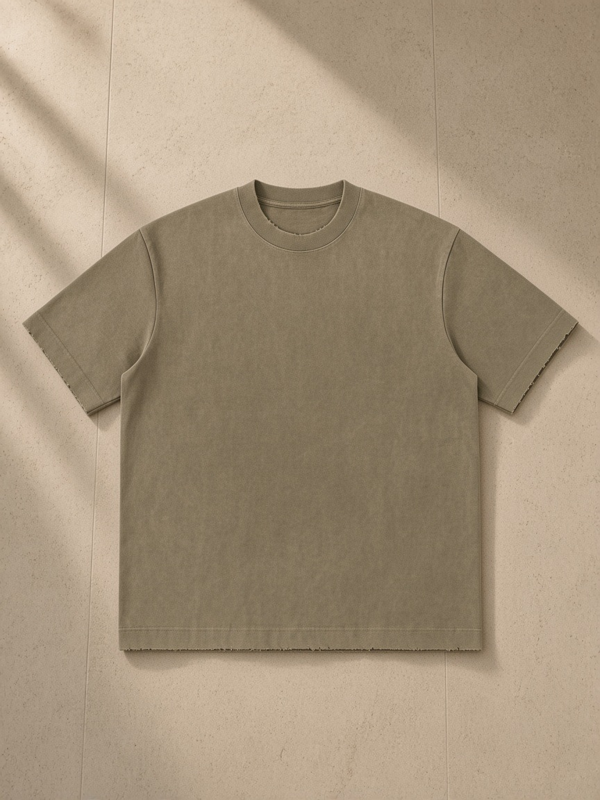 Men's heavyweight vintage washed frayed t-shirt in Gray Coffee, laid flat on pale limestone