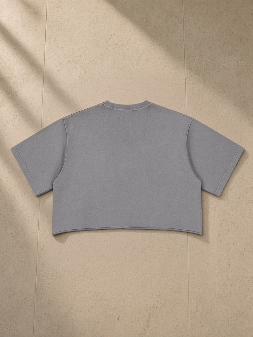 Snow Washed Raw Edge Crop Top in Gray, laid flat on pale limestone, back.
