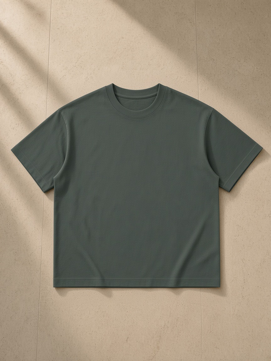 Unisex boxy drop shoulder t-shirt in Dark Gray, laid flat on pale limestone