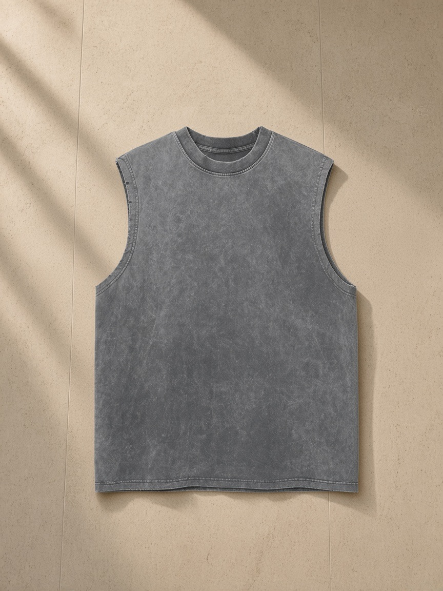 Snow Washed Frayed Hem Tank Top in Dark Gray, laid flat on pale limestone