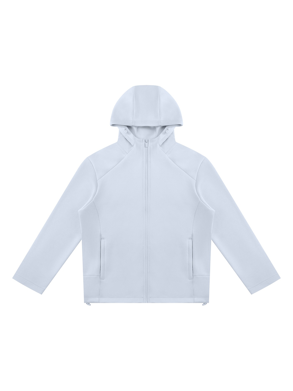 Unisex paneled full zip hoodie in Light Blue, front view on white. Marcel Afters