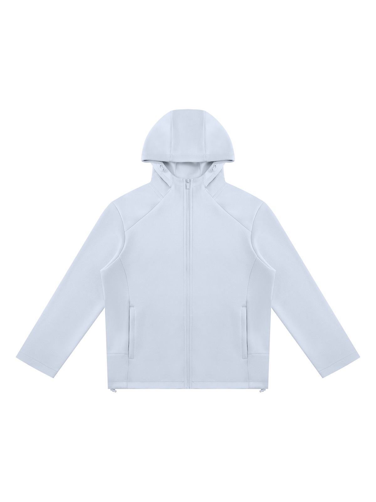 Unisex paneled full zip hoodie in Light Blue, front view on white. Marcel Afters