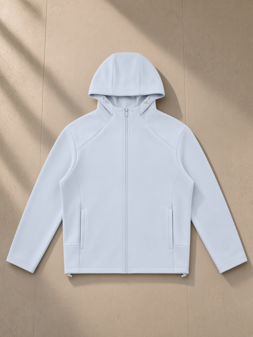 Paneled Full Zip Hoodie in Light Blue, laid flat on pale limestone, front.