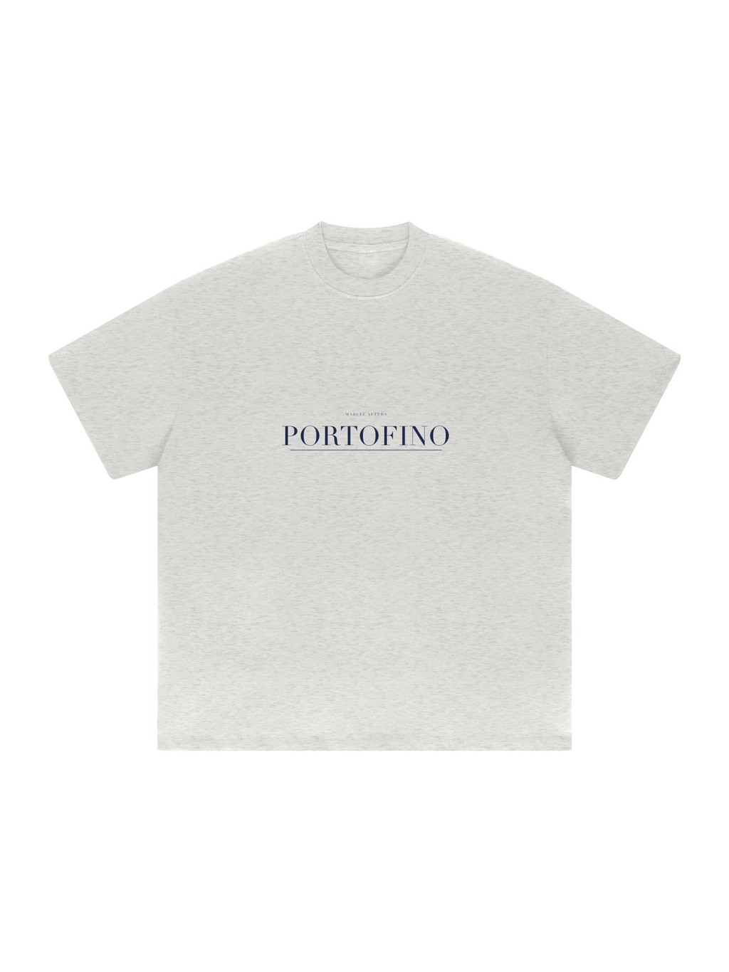 Portofino Heavyweight Drop Shoulder T-Shirt by Marcel Afters in Oat Gray, front view with the printed artwork, on white