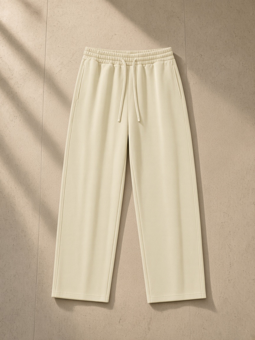 Waffle barrel leg pants in Apricot, laid flat on pale limestone