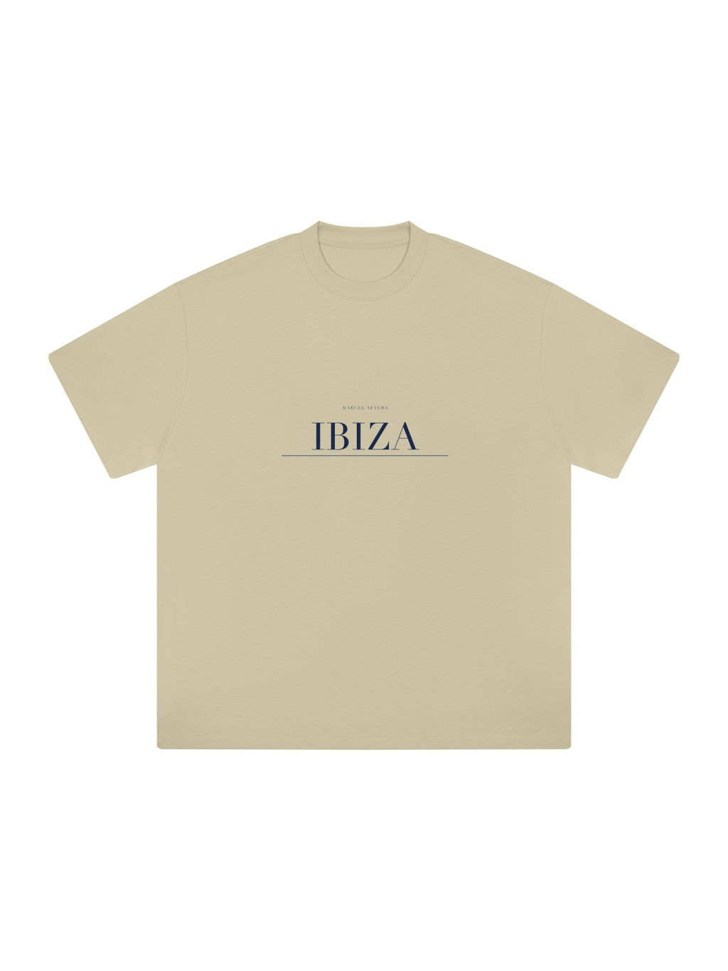 Ibiza Heavyweight Drop Shoulder T-Shirt by Marcel Afters in Pale Khaki, front view with the printed artwork, on white