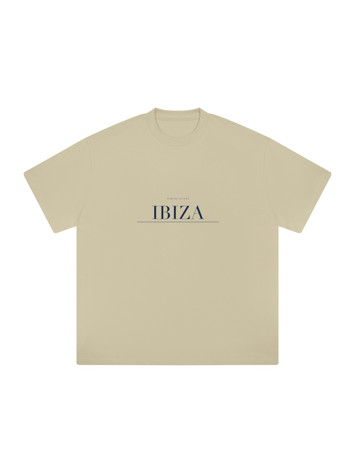 Ibiza Heavyweight Drop Shoulder T-Shirt by Marcel Afters in Pale Khaki, front view with the printed artwork, on white