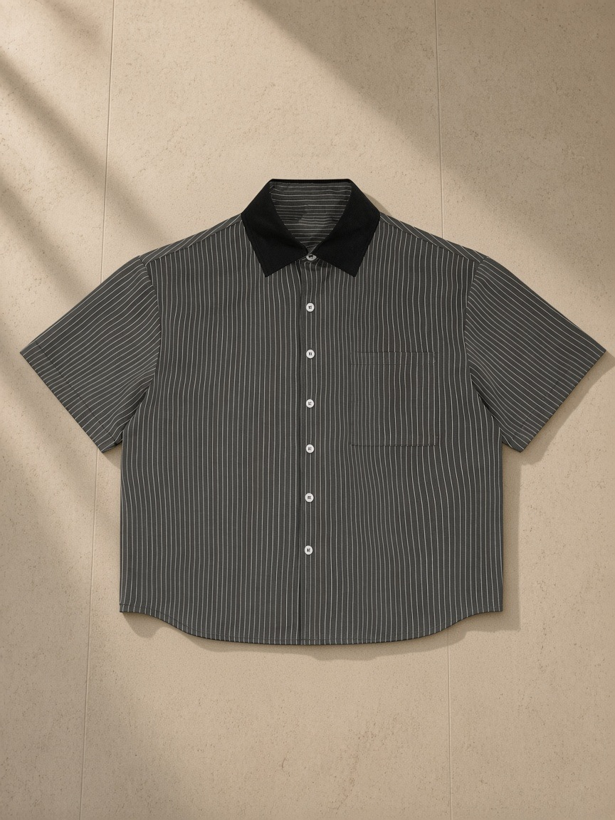 Striped Boxy Contrast Collar Shirt in Dark Gray, laid flat on pale limestone