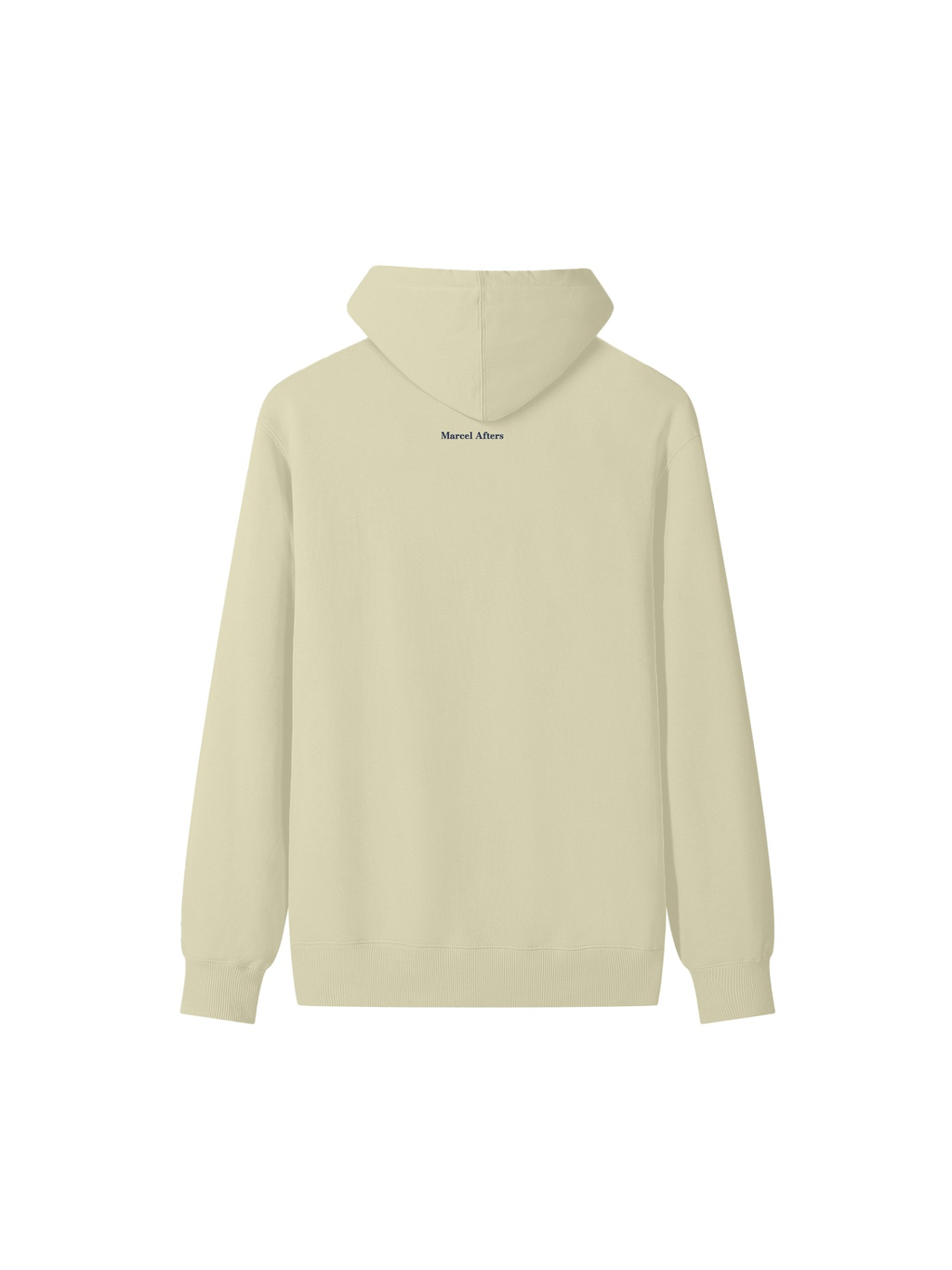 Unisex classic cotton hoodie in Khaki, back view on white. Marcel Afters